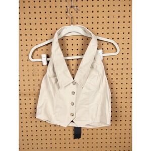 Know One Cares Beige Cotton Halter Vest Top Button Front Cropped GST2202 Large